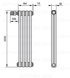 Схема (чертеж) Радиатор Zehnder Charleston 2200/4 №V012 Белый глянцевый RAL 9016